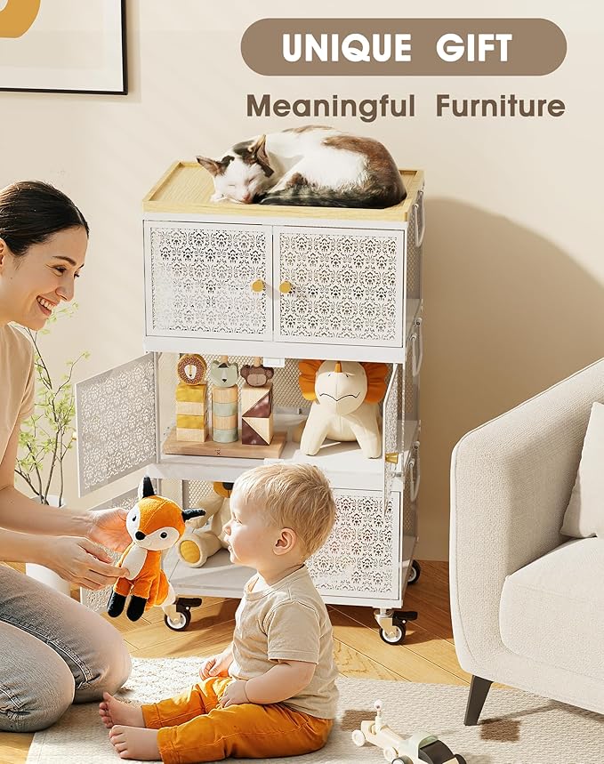 3 Tier Metal Storage Cabinet with wheels, Storage Bins with Magnetic Doors, Storage Cart for Living Room, Bedroom, Bathroom, Laundry, Kitchen
