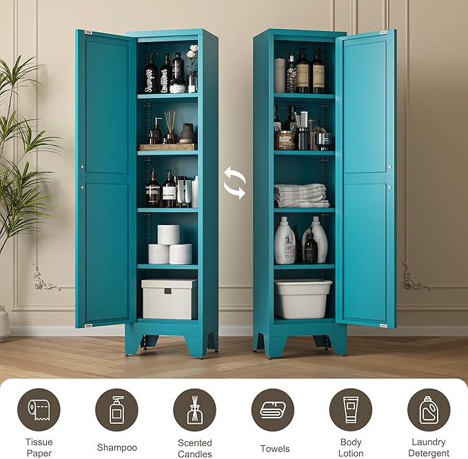 LCAOPC 67" Tall Narrow Bathroom Metal Storage Cabinet with 4 Adjustable Shelves, Freestanding 5 Tier Slim Pantry Storage Cabinet for Small Space, Peacock