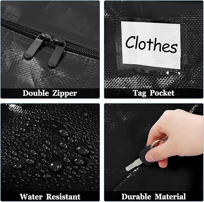 4 Pcs 24 Gallon Extra Large Moving Bags Heavy Duty Storage Bag with Strong Zipper Handle Foldable XXL Jumbo Storage Tote Packing Moving Box for College Dorm Travel Cloth Duffle (Black)