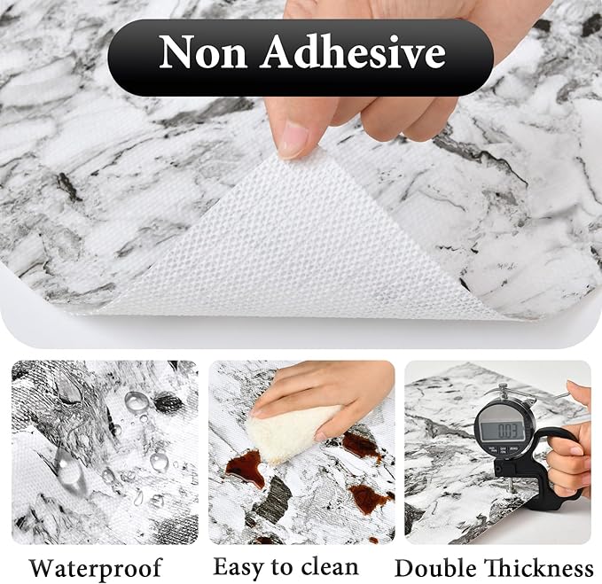 Drawer and Shelf Liner for Kitchen Cabinet: 12 in X 20 Ft Non Slip Waterproof Shelf Paper Non Adhesive Refrigerator Liners Grey and White Marble Easy Liners for Bathroom with Knife Tape Measure