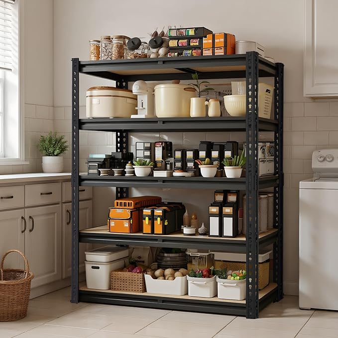 5-Tier Garage Storage Shelves, Heavy Duty Adjustable Shelving Unit, 60"H Garage Rack with 2400lbs Capacity, Metal Utility Shelves for Warehouse, Basement, Pantry, Tool Room, Home Organization