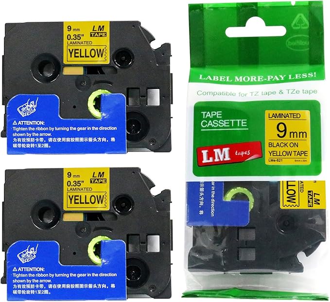 2/Pack LM Tapes - LMe621 Premium 3/8" Black Print on Yellow Label Compatible with P-Touch TZe621 Tape and Includes Tape Color/Size Guide. Replaces Ptouch TZ621 9mm 0.35 Laminated.