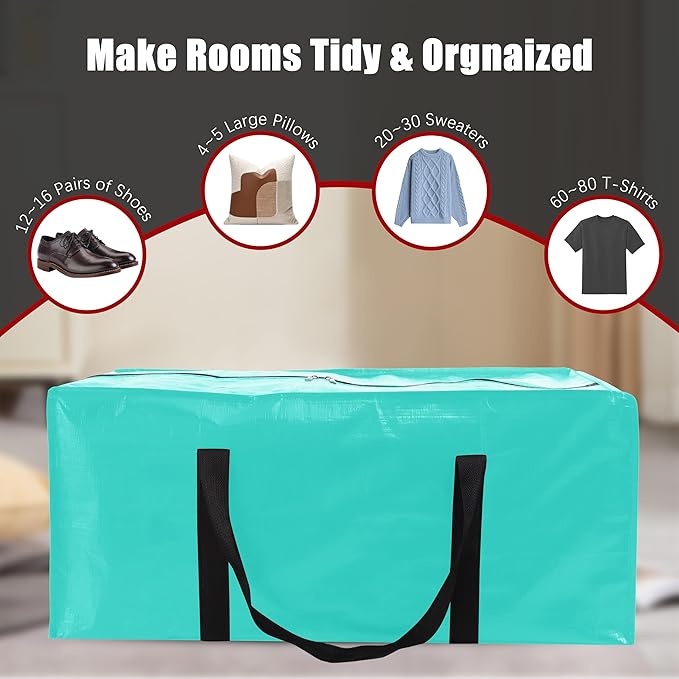 Extra Large Moving Bags with Zippers & Carrying Handles, Heavy-Duty Storage Tote for Space Saving Moving Storage, Fold Flat, Alternative to Box and Bin - 8 Pack, 40 Gal, Aquamarine