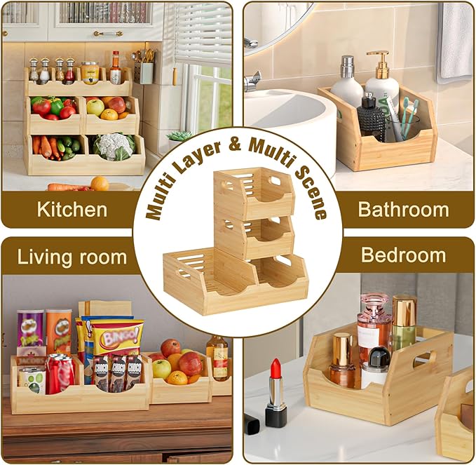 Upgraded 3 Tier Bamboo Pantry Storage Bins - Stackable Potato and Onion Storage Bin, Storage Baskets Airflow Vent Vegetable and Fruit Organizer with Handle, for Kitchen, Livingroom,Bathroom