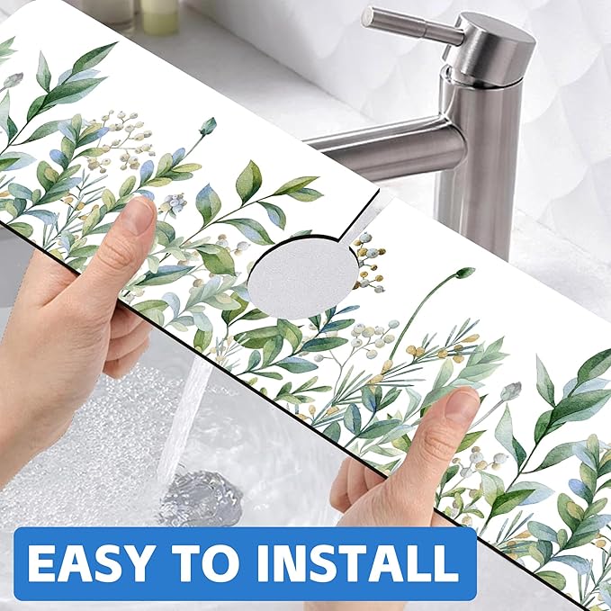 Watercolor Green Branch Leaves Dish Drying Mat for Kitchen Sink Splash Guard Behind Faucet Sink Mat Absorbent Fast Drying Faucet Draining Mat for Bathroom Kitchen 5.5"×24"