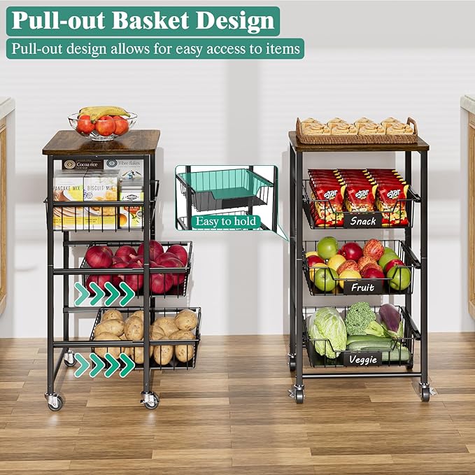Giwil Vegetable Fruit Basket for Kitchen Pantry Organizers Storage, 4-Tier Utility Rolling Cart on Wheels with Wood Top and Drawer Wire Baskets for Onions Potatoes Snacks, Black