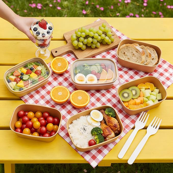 FEHHTO 50-Pack 35oz Meal Prep Containers Disposable Kraft Paper Bowls with Lids & Compostable Cornstarch Forks, Extra Large Heavy Duty Food Containers, Microwave & Freezer Safe for Hot & Cold Foods