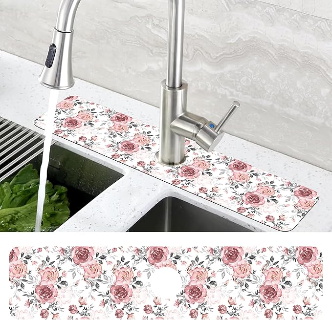 Pink Rose Floral Kitchen Sink Splash Guard Mat Absorbent Fast Drying Mat Faucet Draining Mat Sink Splash Guard Behind Faucet Drip Catcher for Kitchen Bathroom 5.5"×24"