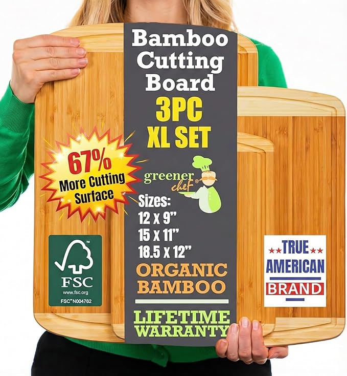 Organic Bamboo Cutting Board Set of 3 with Lifetime Replacements – Premium Extra Large Wood Cutting Boards for Kitchen with Juice Grooves for Carving & Serving, Non Toxic & Durable by Greener Chef