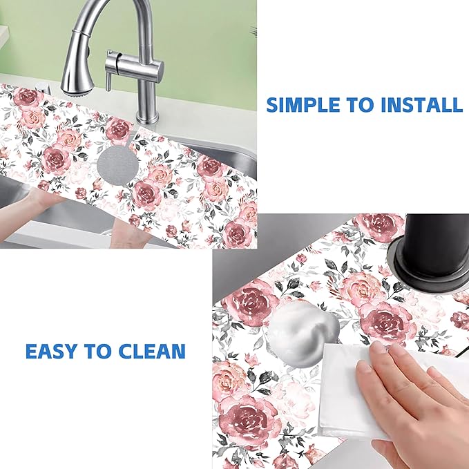 Pink Rose Floral Kitchen Sink Splash Guard Mat Absorbent Fast Drying Mat Faucet Draining Mat Sink Splash Guard Behind Faucet Drip Catcher for Kitchen Bathroom 5.5"×24"