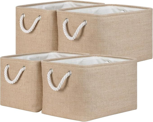 Temary Fabric Storage Cubes Bins Basket 4 Pack for Organizing Home, Shelves, Closet, Empty Gift Baskets with Rope Handles for Gift Empty (15 * 11 * 9.5"-Linen Yellow)