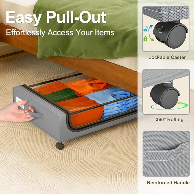 GoMaihe Under Bed Storage with Wheels: XXL Underbed Storage Containers with Lids - Rolling Bins for Shoes Clothes in Dorm Bedroom - Metal Drawers Easy Pull-out Grey 4-Pack