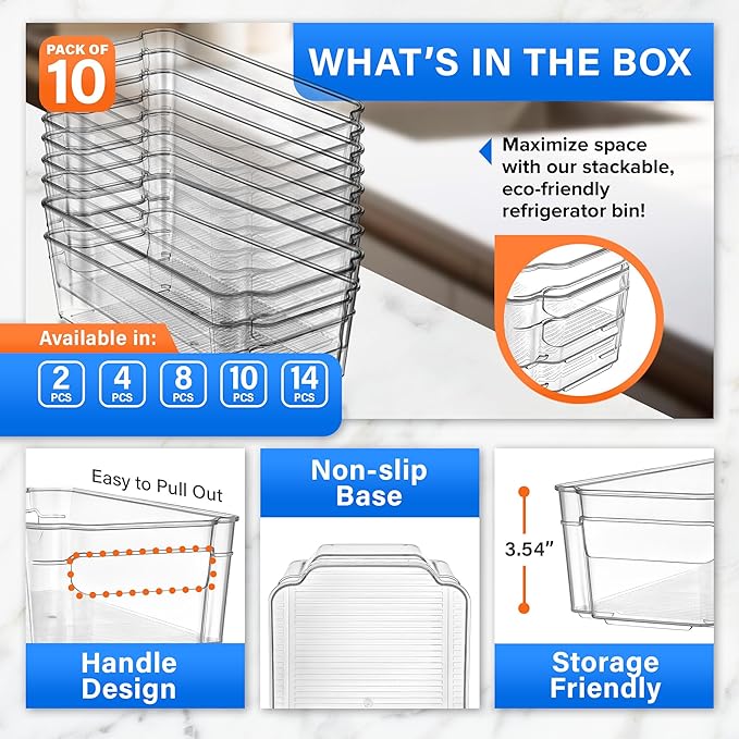 14-Piece Stackable Refrigerator Bin Organizer Set with Easy Grip Handles - Clear Multi-Purpose Storage Bins for Fridge and Pantry Use