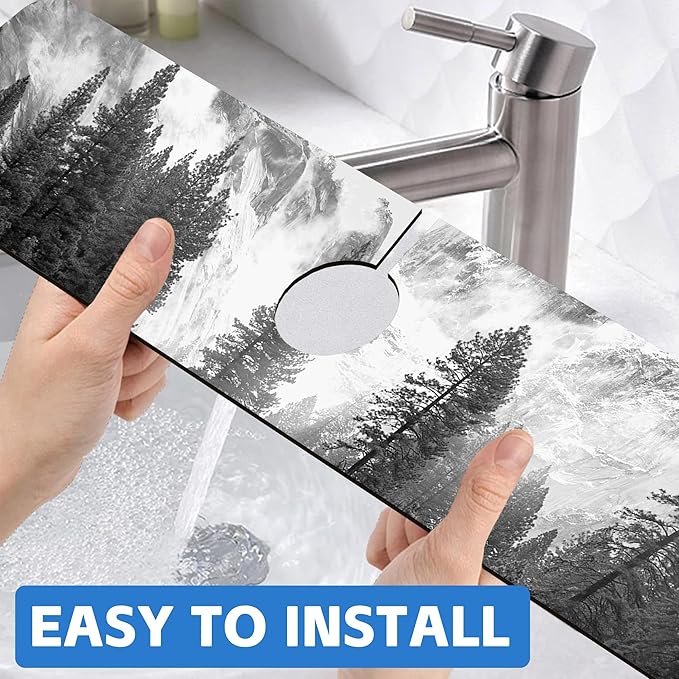Winter Forest Mountain Sink Faucet Absorbing Mat Sink Splash Guard Faucet Mat Draining Mat Fast Drying Sink Protectors for Kitchen and Bathroom 5.5"×24"