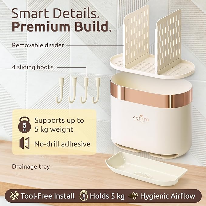 COZYTO LuxTray U1-Pro – Wall Mounted Kitchen Organizer with Hooks, Dividers & Drain Tray, No-Drill Adhesive, BPA-Free – Cream White with Rose Gold or Silver Accent (Cream White & Rose Gold)