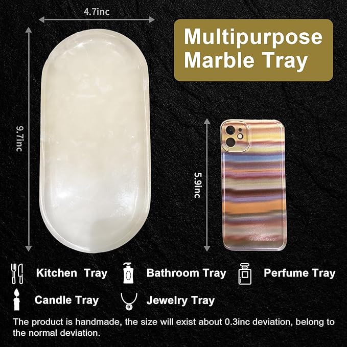 SWRONP Marble Tray for Kitchen Counter & Bathroom Countertop,Stone Vanity Tray for Dresser Decor,Small Storage Tray for Perfumes, Jewelry,Candles,Durable & Waterproof(White)