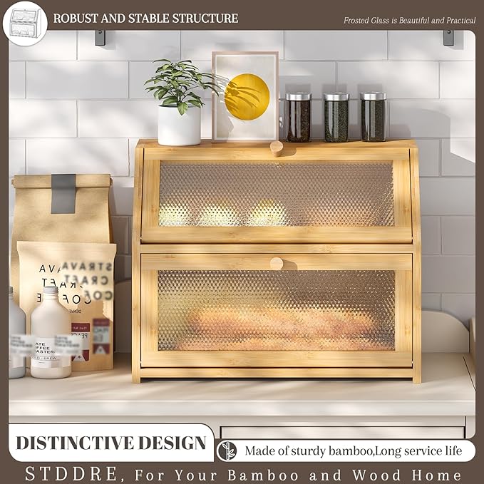STDDRE Bread Box for Kitchen Countertop Bin Double Layer Bread Box Storage Container Extra Large Capacity Farmhouse with Diamond Pattern Windows (Natural, Large)