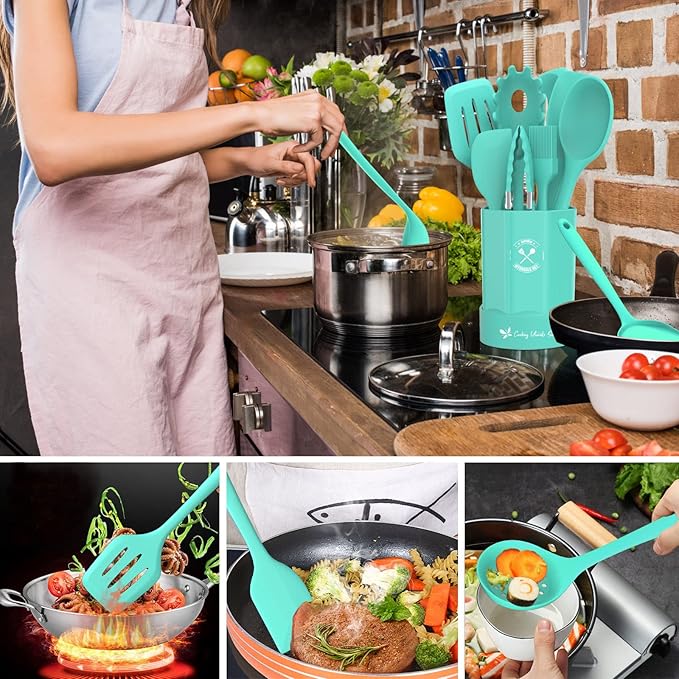 Silicone Kitchen Utensils Set, 16-Piece Silicone Cooking Utensils by Deedro, Heat Resistant Kitchen Tools Set with Holder, Nonstick Spatula Kitchen Gadgets for Cooking & Baking, Green