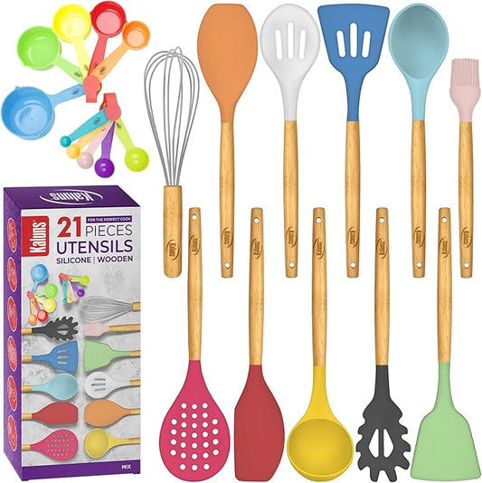 Kitchen Utensils Set, 21 Wood and Silicone Cooking Utensil Set, Non-Stick and Heat Resistant Kitchen Utensil Set, Kitchen Tools