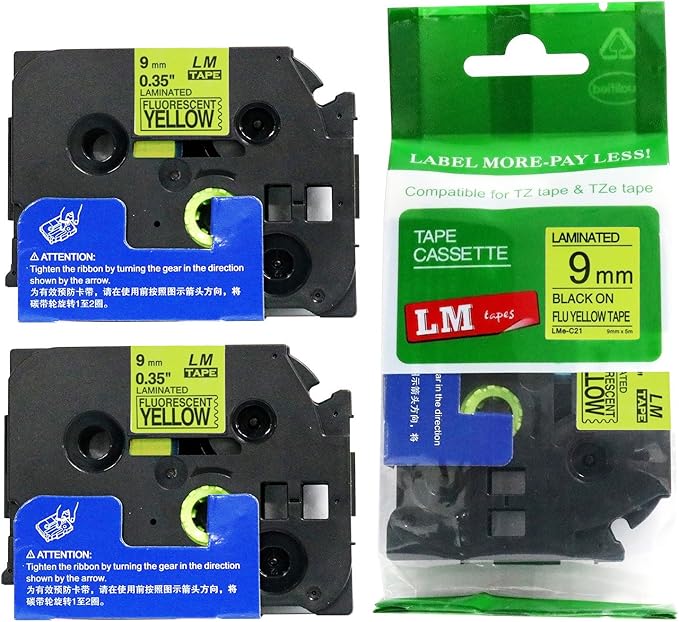 2/Pack LM Tapes - LMeC21 Premium 3/8" Black Print on Bright Yellow Label Compatible with P-Touch TZeC21 Tape and Includes Tape Color/Size Guide. Replaces Ptouch TZC21 9mm 0.35 Laminated.