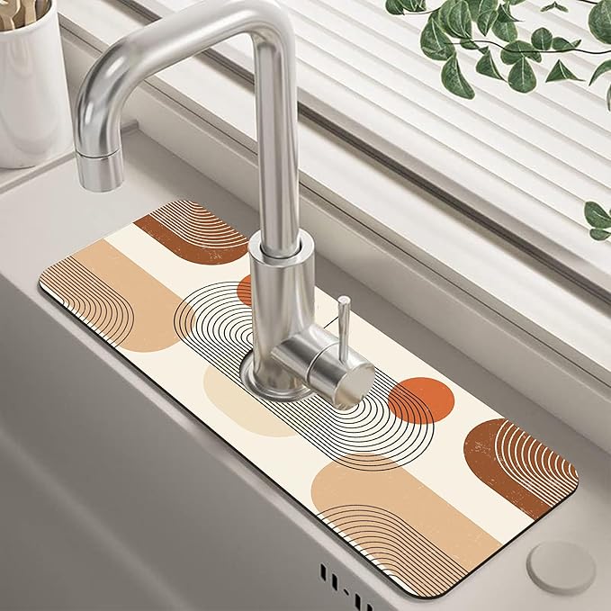 Abstract Minimalistic Geometric Sink Faucet Absorbing Mat Sink Splash Guard Faucet Mat Draining Mat Fast Drying Sink Protectors for Kitchen and Bathroom 5.5"×15"