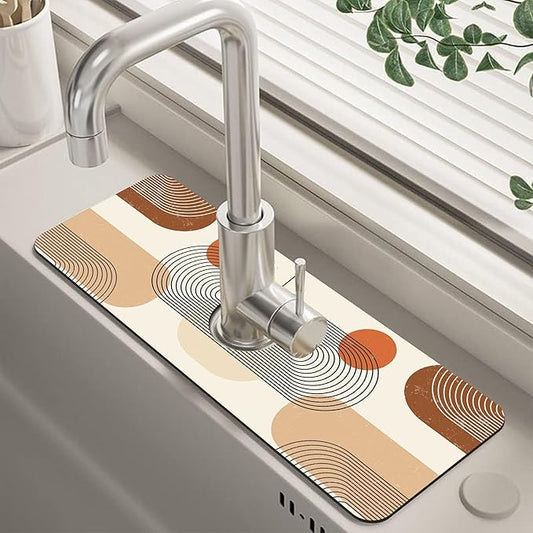 Abstract Minimalistic Geometric Sink Faucet Absorbing Mat Sink Splash Guard Faucet Mat Draining Mat Fast Drying Sink Protectors for Kitchen and Bathroom 5.5"×15"