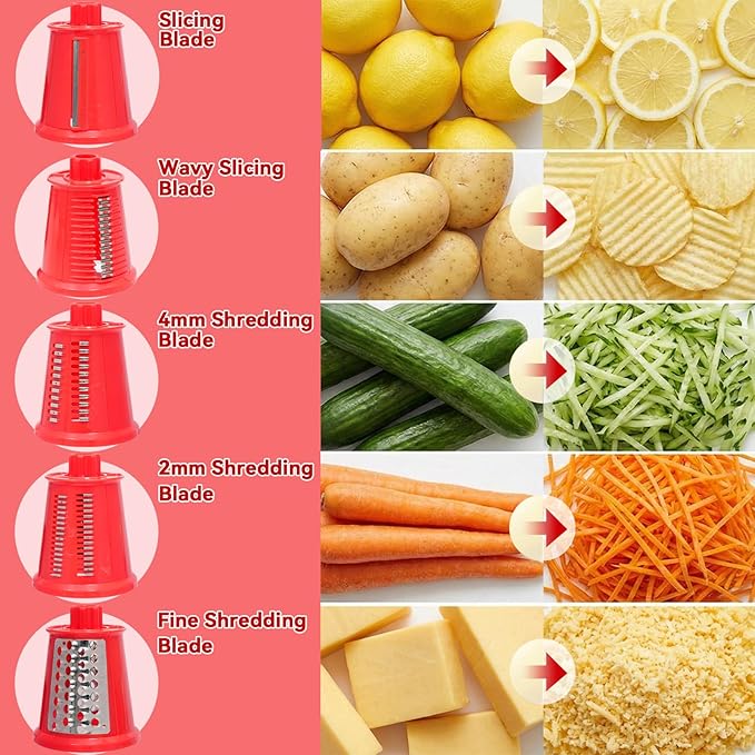 ChinKc Upgrade Rotary Cheese Grater Shredder with Handle, Strong Suction Base, Multi-purpose Rotary Grater Slicer with 5 Interchangeable Blades for Ice, Vegetables, Fruit, Nuts with Blade Storage Box