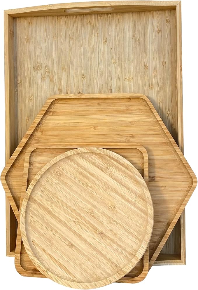 PAFREWOG Bamboo Serving Trays Cutting Boards 16.5"x11.8"（42x30cm with Handle, Set Includes 0.63"(1.6cm) Thick Plates Hexagon 12.5"(32cm)+Square 7.8"(20cm)+Circle 7.8"(20cm) for Family Dinner Time