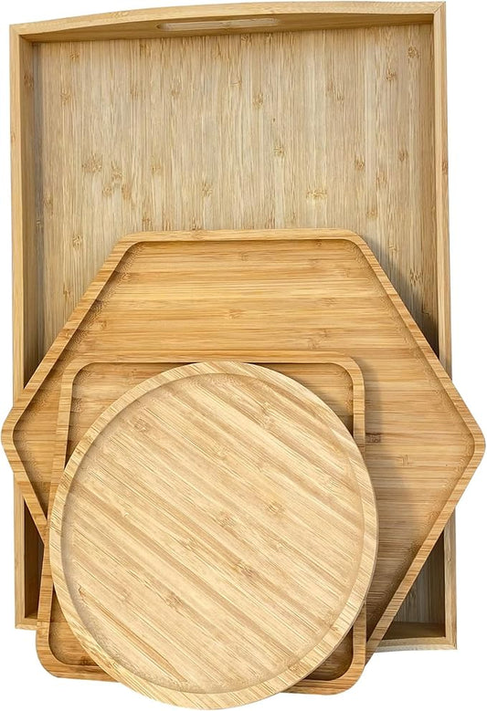 PAFREWOG Bamboo Serving Trays Cutting Boards 16.5"x11.8"（42x30cm with Handle, Set Includes 0.63"(1.6cm) Thick Plates Hexagon 12.5"(32cm)+Square 7.8"(20cm)+Circle 7.8"(20cm) for Family Dinner Time