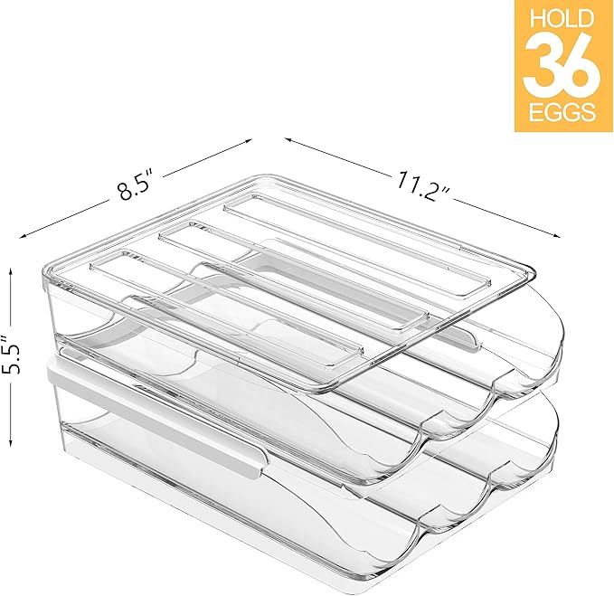 Proarea Egg Holder for Fridge 36 Capacity Automatic Rolling Egg Organizer for Refrigerator, Clear Stackable Container for Kitchen or Pantry Storage 2 Pack