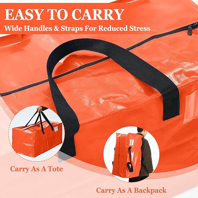 4 Pcs 24 Gallon Extra Large Moving Bags Heavy Duty Storage Bag with Strong Zipper Handle Foldable XXL Jumbo Storage Tote Packing Moving Box for College Dorm Travel Cloth Duffle (Orange)