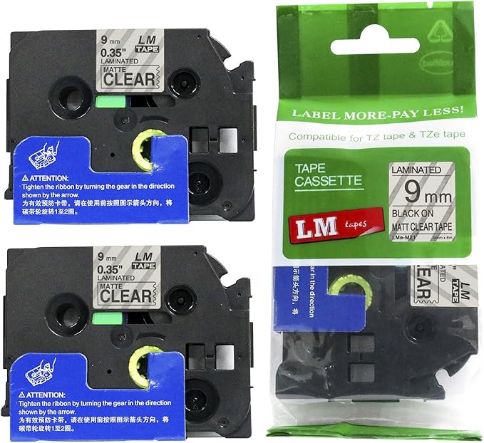 2/Pack LM Tapes - LMeM21 Premium 3/8" Black Print on Matte Clear Label Compatible with P-Touch TZeM21 Tape and Includes Tape Color/Size Guide. Replaces Ptouch TZM21 9mm 0.35 Laminated.