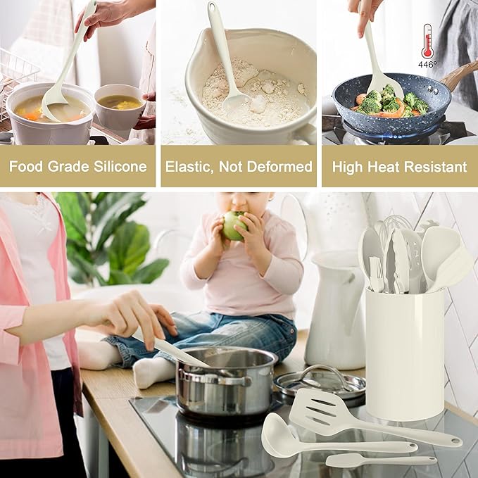 LIANYU 14 Pcs Kitchen Utensils Set with Holder, Silicone Cooking Utensils Spatula Set, Heat Resistant Cookware Tools Includes Spoon Turner Whisk Tong, Dishwasher safe, Cream White