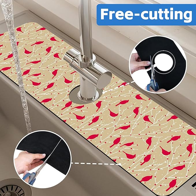 Christmas Cardinal Birds Kitchen Sink Splash Guard Mat Absorbent Fast Drying Mat Faucet Draining Mat Sink Splash Guard Behind Faucet Drip Catcher for Kitchen Bathroom 5.5"×24"