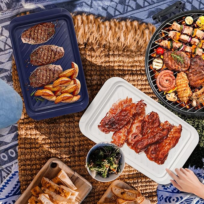 TP Grilling Prep and Serve Trays, 17 x 10.5 inch BBQ Trays for Cooked and Raw Foods, Set of 2 Melamine Serving Platters for Meats, Grill Accessories, Blue and White