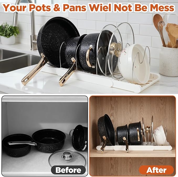 2 Pcs Expandable Pot and Pan Organizer, Adjustable Pot Lid Holder with 7 Dividers Under Cabinet White Plastic Cookware Rack for Kitchen, Cabinet, Cookware - Space-Saving