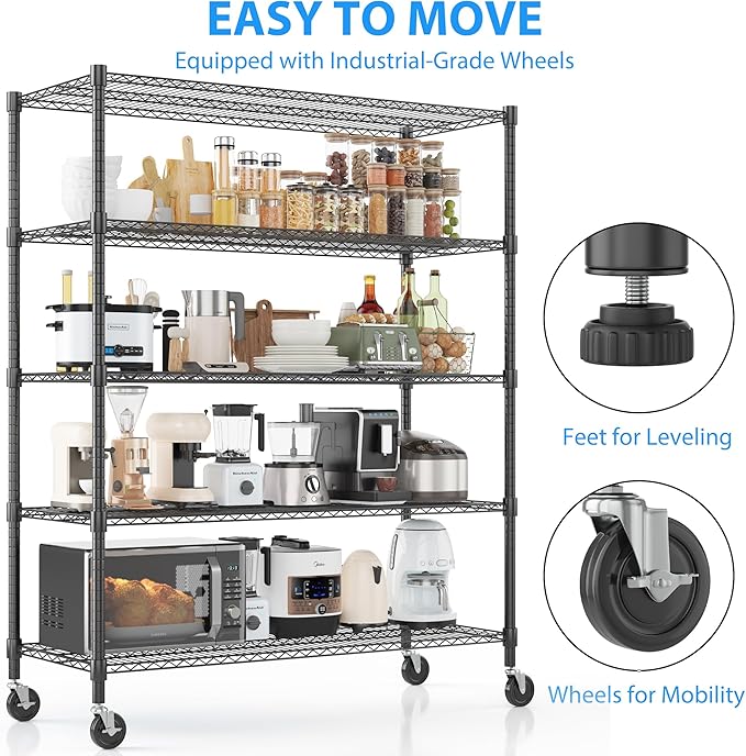 Homdox Heavy Duty Storage Shelves, 5 Tier Wire Shelving Unit with Wheels, Commercial Adjustable Metal Shelves for Storage, Garage Rack Pantry Shelves Kitchen Shelving, 18"x48"x82", Black