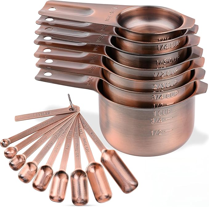 zoyizi Copper Measuring Cups and Spoons Set 17, 7 Stainless Steel Measuring Cups&9 Long Hanlde Narrow Measuring Spoons for Spice Jar&Leveler, Kitchen Metric&US Measure Cup Spoons for Dry and Liquid