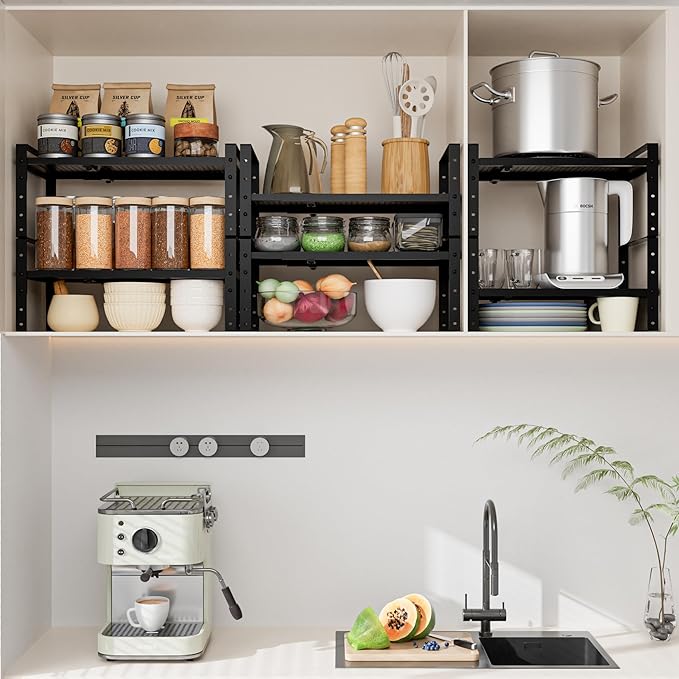 Wobmmi Expandable,Adjustable & Stackable Spice Rack, Cabinet Kitchen Countertop Shelf Organizer,Metal Pantry Storage Shelves - Space-Saving Storage Solution(1Pack/Black/Large)