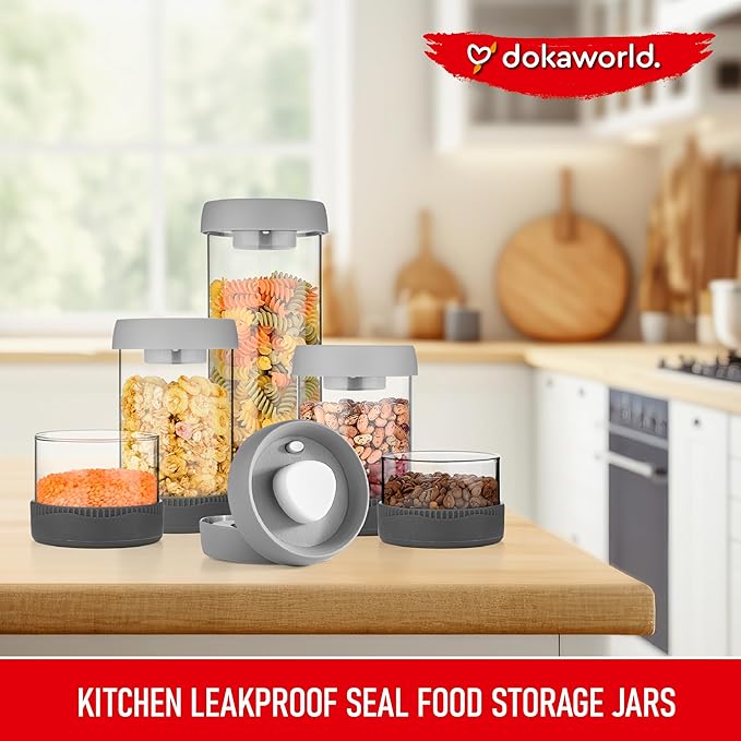 dokaworld Glass Canisters Set - Kitchen Leakproof Seal Food Storage Jars - Coffee Bean Container - Pack of 5 Glass Canisters With Vacuum Airtight Lids for Cereal, Pet Treats, Nuts, Candy