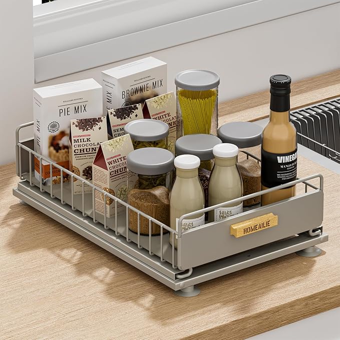 HOMEAILIE Under Sink Organizer, Single Tier Metal Pull Out Sliding Drawer Shelf for Kitchen Bathroom Cabinet Storage, Sturdy Rack – Gray