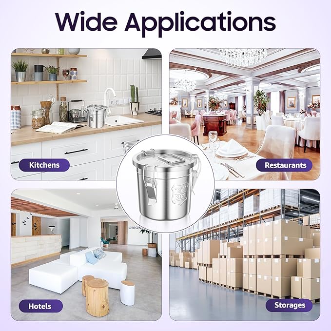 Stainless Steel Airtight Canister for Kitchen, 6L/1.59Gal Metal Food Storage Container Flour Bucket with Lid & Clamps, Bean Rice Cereal Canister Holder for Kitchen Restaurant, D7.9*H7.9in