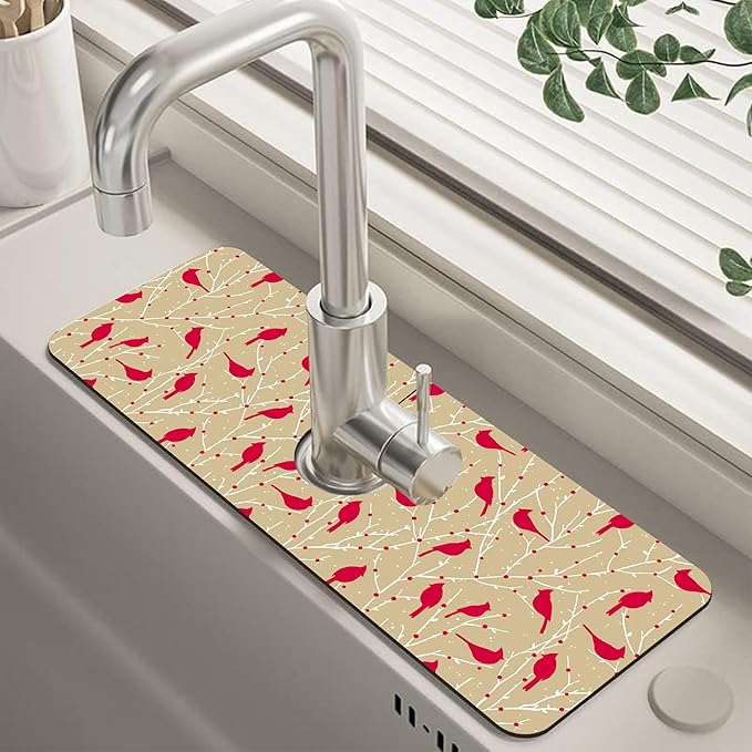 Christmas Cardinal Birds Kitchen Sink Splash Guard Mat Absorbent Fast Drying Mat Faucet Draining Mat Sink Splash Guard Behind Faucet Drip Catcher for Kitchen Bathroom 5.5"×15"