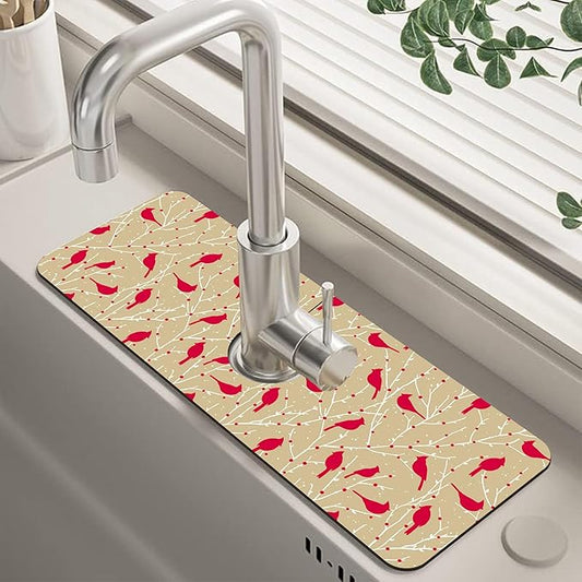 Christmas Cardinal Birds Kitchen Sink Splash Guard Mat Absorbent Fast Drying Mat Faucet Draining Mat Sink Splash Guard Behind Faucet Drip Catcher for Kitchen Bathroom 5.5"×15"