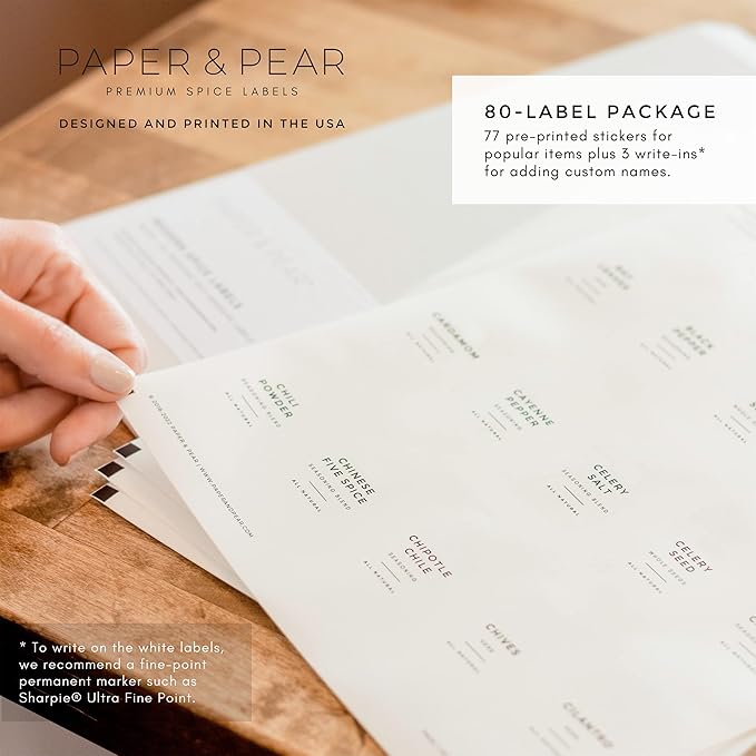 Modern White Spice Labels Stickers Preprinted Waterproof by Paper & Pear - Oil Resistant Kitchen Pantry Labels for Home Improvement - 2.25x1.25 Inches Pantry Stickers - Set of 80 (No Jars)