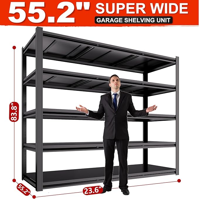 Extra Large 84" H x 55.09" Widex 24" D Adjustable Industrial Metal/Steel 6-Shelf-Storage-Rack Heave Duty Utility Tall Garage/Warehouse Shelving Shelves Unit/System for Bin/Shed, Black