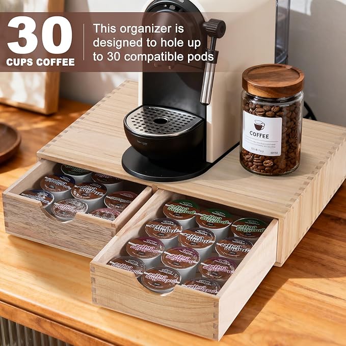 QYJinlida Wooden K Cup Organizer Coffee Pod Storage Box, Coffee Pod and Tea Bag Holder,Kcup Drawer Coffee Maker Stand,Home Kitchen Counter Holds Up to 30 Pods Capacity (2 Drawer) (Natural Wood Color)