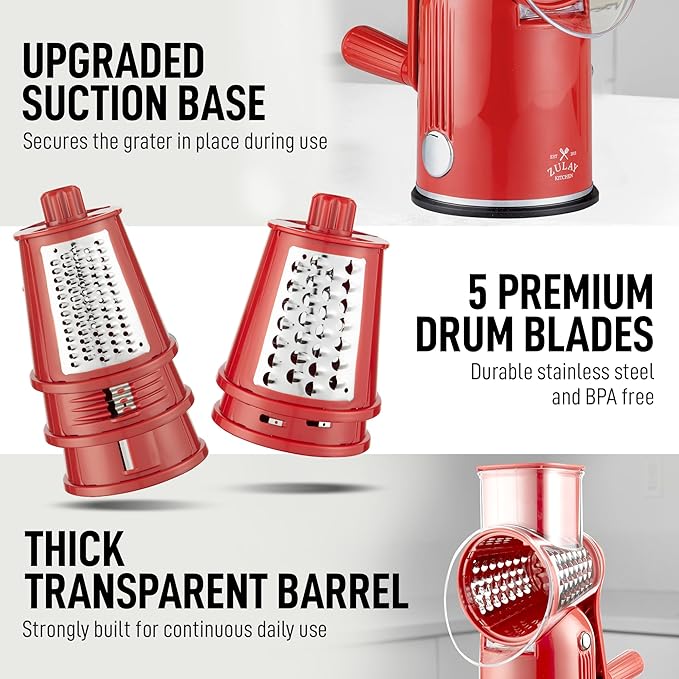 Zulay Kitchen Rotary Cheese Grater 5 Blade Cheese Shredder - Manual Hand Crank Cheese Grater With Reinforced Suction & 5 Interchangeable Drums - Easy to Use, Vegetable Chopper Round Mandoline Slicer