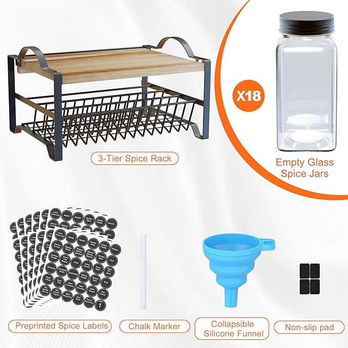 Obswell Kole 3 Tier Spice Rack Organizer with Bamboo Top Tablet Holder, 18 Spice Jars, 422 Spice Labels, and Funnel Set for Kitchen, Cabinet, Countertop, Pantry, Cupboard. Seasoning Organizer Black