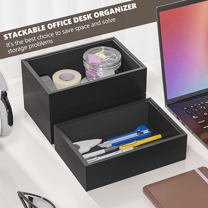 Greatseas Kitchen Drawer Organizer Bins, Stackable Bamboo Drawer Organizer for Silverware, Flatware, Deep Office Desk Organizer Tray, Desktop Pen, Office Organization Black 9" x 6" x 2.5"(Set of 2)